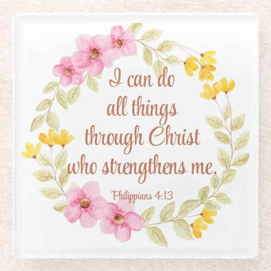 フィリップ4:13ピンクと黄色のフローラ聖なる書物、 経典 ガラスコースター (正面)