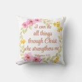 フィリップ4:13ピンクと黄色のフローラ聖なる書物、 経典 クッション (正面)