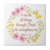 フィリップ4:13ピンクと黄色のフローラ聖なる書物、 経典 タイル (正面)