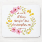 フィリップ4:13ピンクと黄色のフローラ聖なる書物、 経典 マウスパッド (正面)