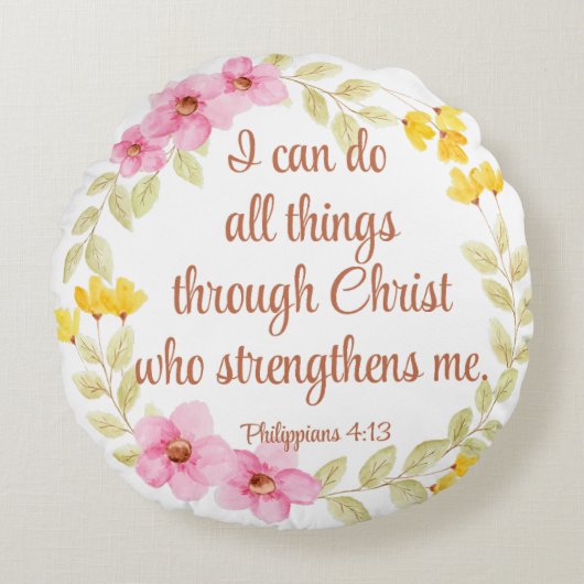 フィリップ4:13ピンクと黄色のフローラ聖なる書物、 経典 ラウンドクッション (正面)