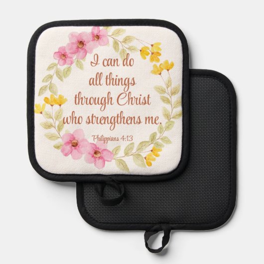 フィリップ4:13ピンクと黄色のフローラ聖なる書物、 経典 鍋敷き (正面/裏面)