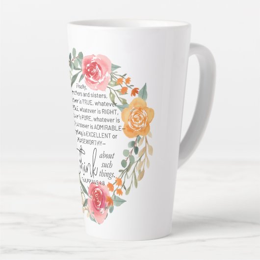 フィリップ4:8ピンクと黄色のフローラリース カフェラテマグ (右アングル)