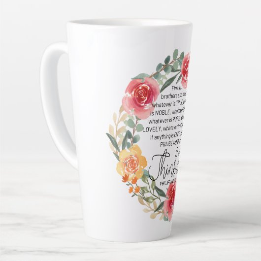 フィリップ4:8ピンクと黄色のフローラリース カフェラテマグ (左アングル)