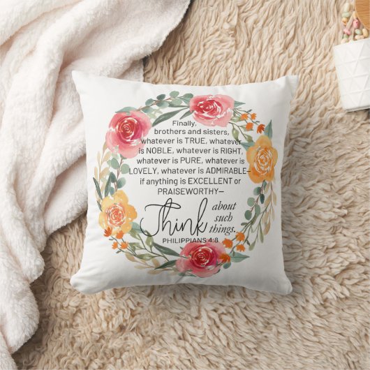 フィリップ4:8ピンクと黄色のフローラリース クッション (ブランケット)