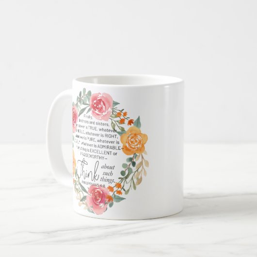 フィリップ4:8ピンクと黄色のフローラリース コーヒーマグカップ (正面左)