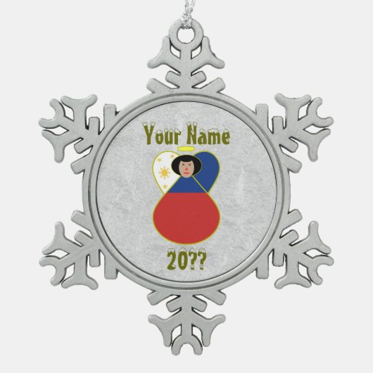 フィリピンのエンジェル黒髪に旗を飾る スノーフレークピューターオーナメント (正面)