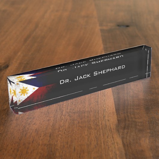 フィリピンの黒くグランジな旗 デスクネームプレート (側面)