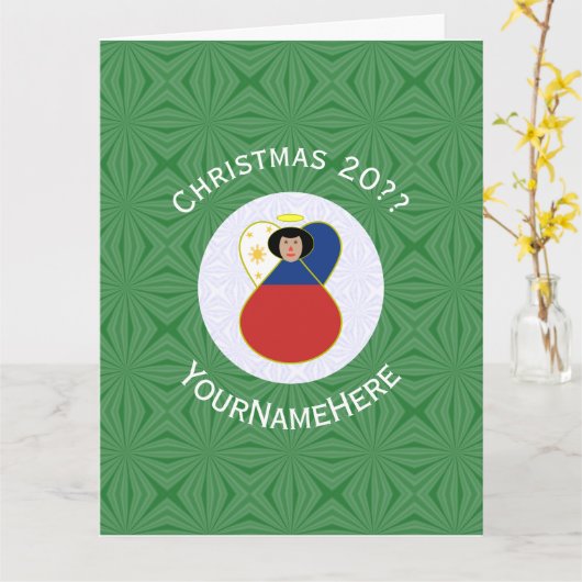 フィリピン国旗のエンジェルクリスマスパーソナライズされた カード (黄色い花)