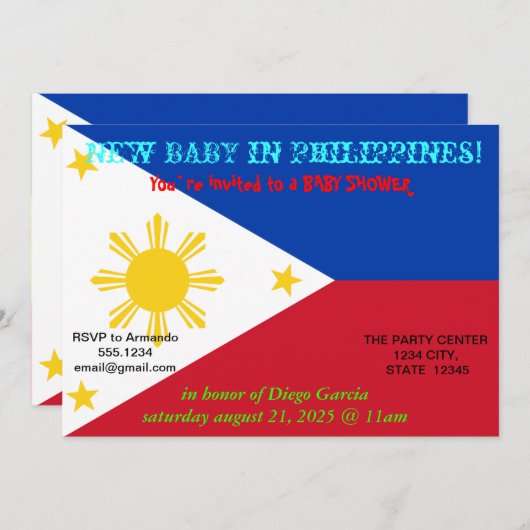 フィリピン国旗を掲げたベビーシャワー招待状 招待状 (正面/裏面)