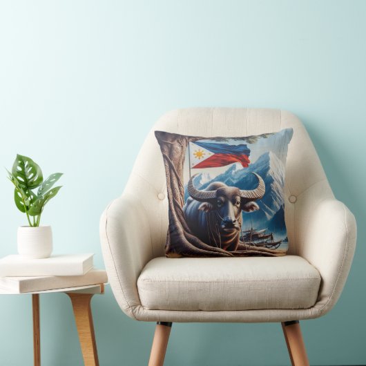 フィリピン国旗を掲げた山々による水牛 クッション (椅子)