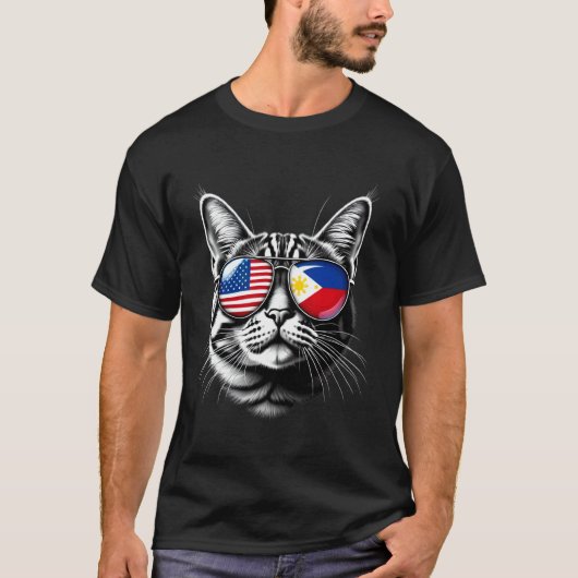 フィリピン アメリカ 国旗 ネコ サングラス デザイン Tシャツ (正面)