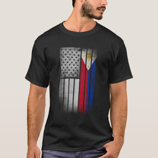 フィリピーノアメリカ国旗フィリピン国旗の長袖S Tシャツ (正面)