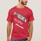 フィルムに名前と誕生日おめでとうの赤い男性デザイン Tシャツ (正面)
