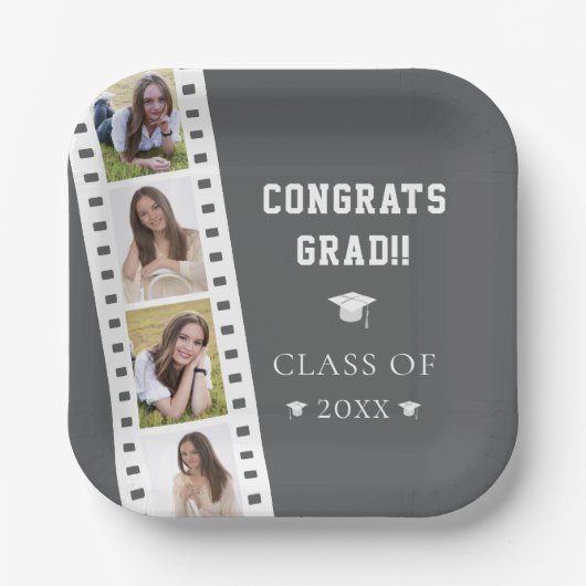 フィルムストリップ4フォトコラージュ卒業 | グレー ペーパープレート (正面)