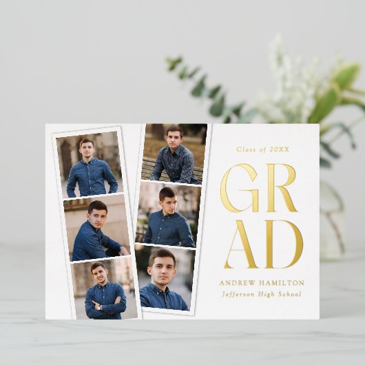 フィルムモダンストリップ金ゴールド6写真卒業 箔招待状 (立ち正面)