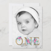 フィルム カメラ ゴールド フラワー レター ファースト バースデー ブラッシュ ピンク 招待状 (正面)