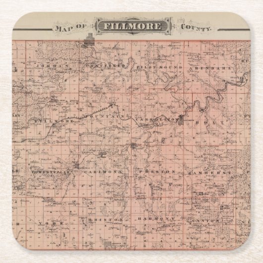 フィルモア郡、ミネソタの地図 スクエアペーパーコースター (正面)