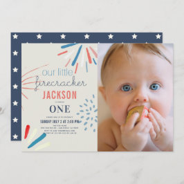 フィレクラッカー7月4日Fireworks写真1st誕生日 招待状