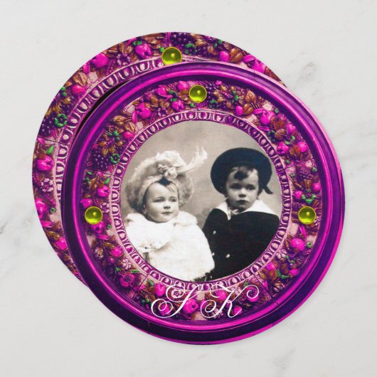 フィレンツェのルネサンスを彷彿とさせる花モノグラム、ピンクのフルーツ 招待状 (正面/裏面)