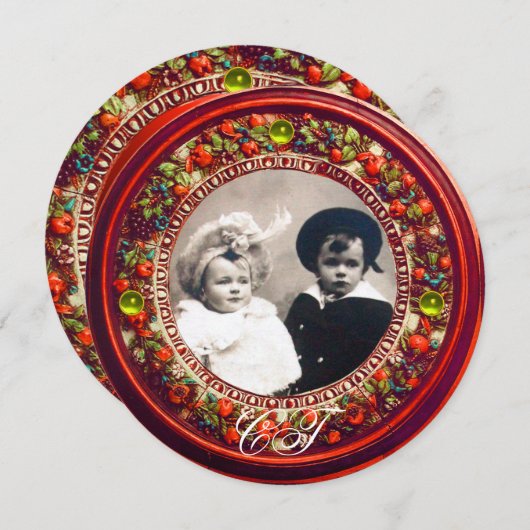 フィレンツェのルネサンスを彷彿とさせる 赤い花のクラウンモノグラム 招待状 (正面/裏面)