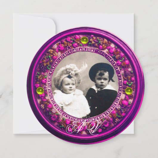 フィレンツェのルネサンス様式のピンクの花冠　モノグラム 招待状 (正面)