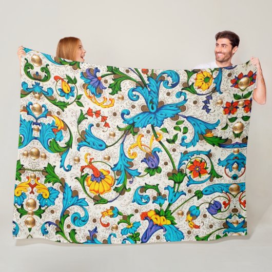 フィレンツェのルネッサンス青いフローラ渦巻き、花 フリースブランケット (インサイチュ)