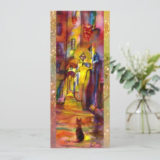 フィレンツェの夜のメディエバルな路地、赤と黄色 案内状 (スタンド正面)