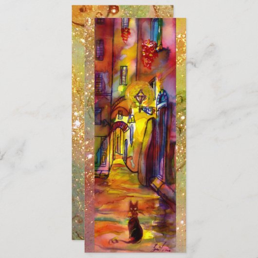 フィレンツェの夜のメディエバルな路地、赤と黄色 案内状 (正面/裏面)