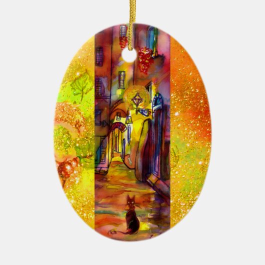 フィレンツェの夜の中世の路地 セラミックオーナメント (正面)