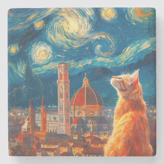 フィレンツェの星空 | ジンジャーの猫アート ストーンコースター (正面)