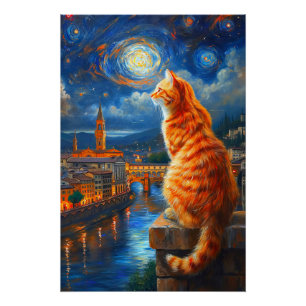 フィレンツェの星空 ジンジャークロの猫アート ポスター