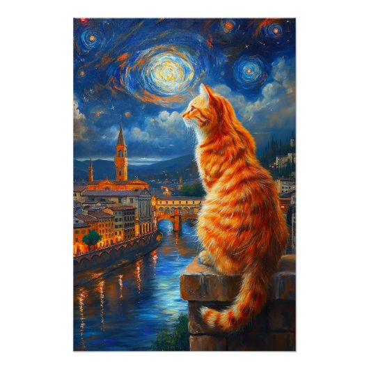 フィレンツェの星空 | ジンジャークロの猫アート ポスター (正面)