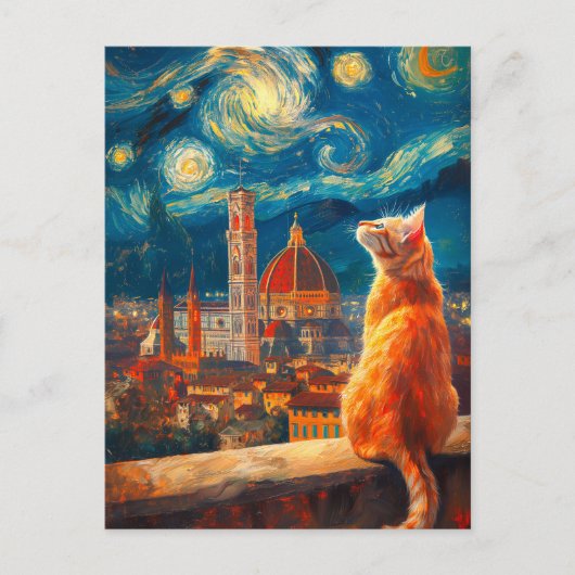 フィレンツェの星空 | 赤茶の猫アート ポストカード (正面)