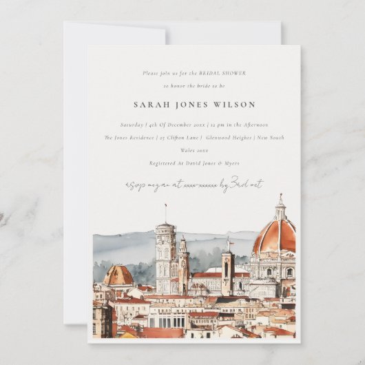 フィレンツェ大聖堂イタリアウォータカラーブライダルシャワー 招待状 (正面)