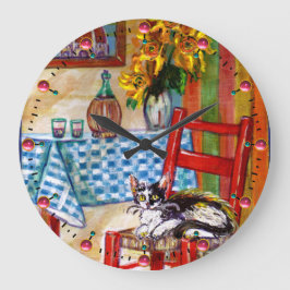 フィレンツェ猫、赤い椅子およびワインのイタリアンな台所 ラージ壁時計
