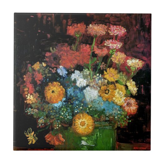 フィンセント・ファン・ゴッホ - ジニアの花の花瓶 ファインアート タイル (正面)