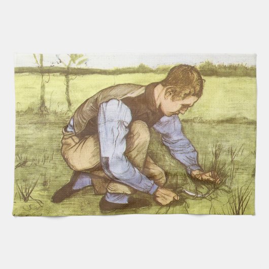 フィンセント・ファン・ゴッホ - 男の子が鎌で草を刈っている キッチンタオル (横)