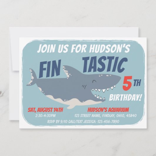 フィンタスティック幸せサメ誕生日パーティー、任意の年齢 招待状 (正面)