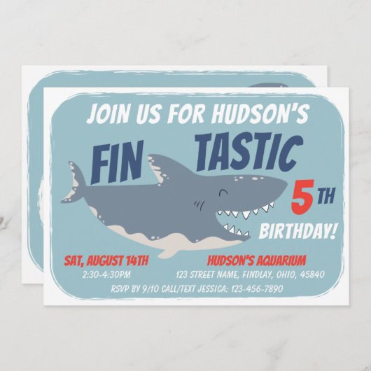 フィンタスティック幸せサメ誕生日パーティー、任意の年齢 招待状 (正面/裏面)