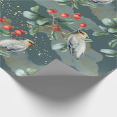 フィンチバード、クリスマスグリーン、レッドベリー ラッピングペーパー (角)