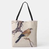 フィンチ、ブラウンおよびベージュ色の日本のな木版画 トートバッグ (裏面)