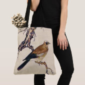 フィンチ、ブラウンおよびベージュ色の日本のな木版画 トートバッグ (クローズアップ)