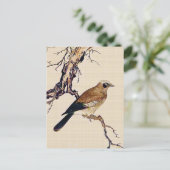 フィンチ、ブラウンおよびベージュ色の日本のな木版画 ポストカード (スタンド正面)