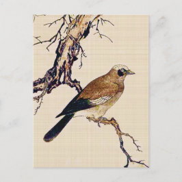 フィンチ、ブラウンおよびベージュ色の日本のな木版画 ポストカード