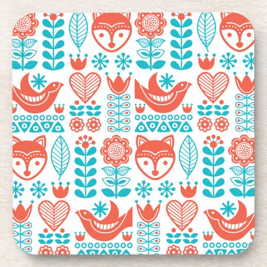 フィンランドのキツネ及び鳥の民芸パターン コースター (正面)