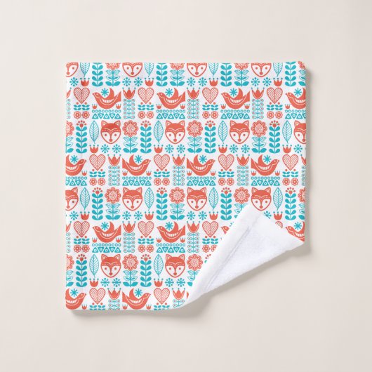 フィンランドのキツネ及び鳥の民芸パターン バスタオルセット (ウォッシュタオル)