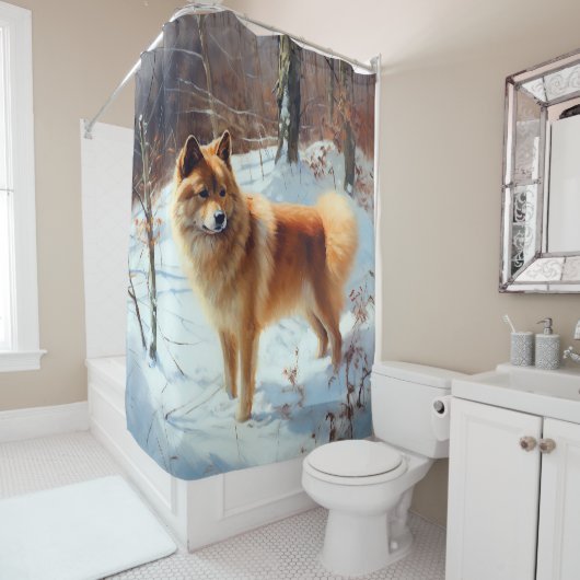 フィンランドのスピッツ雪のクリスマス シャワーカーテン (インサイチュ)