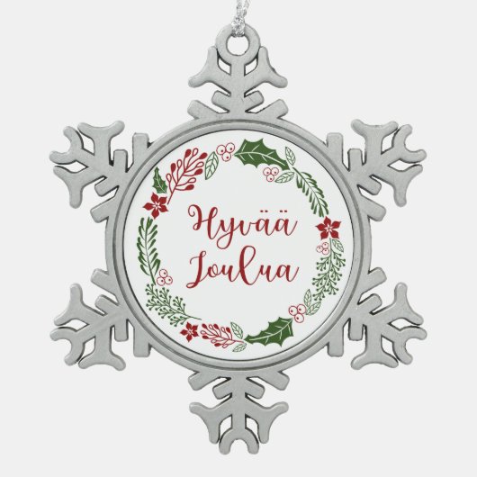 フィンランドのメリークリスマスリースヒヴァジュラ スノーフレークピューターオーナメント (正面)
