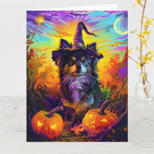 フィンランドのラプンドドッグハロウィーン魔女とカボチャ カード (黄色い花)
